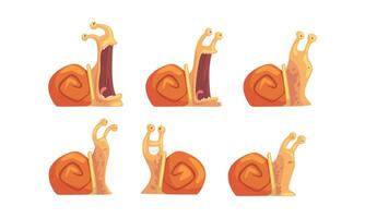 Cute Brown Snail with Different Emotions Collection, Gastropod Mollusk Cartoon Character with Funny Face Illustration vector