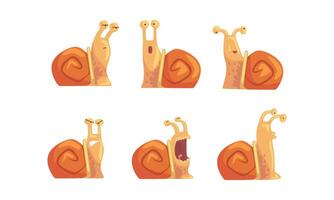 Snail with Different Emotions Collection, Cute Gastropod Mollusk Cartoon Character with Funny Face Illustration vector