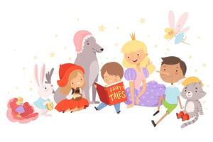 Little Boy Holding Opened Book Reading Fairy Tale with Fairy-tale Characters Sitting Behind Him Illustration vector