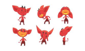 Cute Red Devil with Various Emotions and Actions Collection, Funny Demon Cartoon Characters Illustration vector