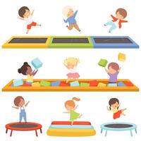 Cute Little Boys and Girls Bouncing on Trampolines and Playing in a Pool with Soft Cubes Collection, Happy Kid Trampolining and Having Fun on Playground, Active Children Leisure Illustration vector