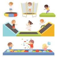 Cute Little Boys and Girls Bouncing on Trampolines and Playing in a Pool with Cubes Collection, Happy Kid Trampolining and Having Fun on Playground, Active Children Leisure Illustration vector