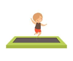 Cute Boy Bouncing on a Trampoline of Rectangular Shape, Happy Kid Trampolining and Having Fun, Active Children Leisure Illustration vector