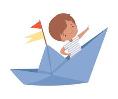 Cute Little Boy Sailing on a Paper Boat with Flags, Child Pointing Into the Distance Illustration vector