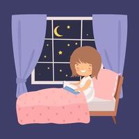 Cute Smiling Little Girl Reading a Book in the Bed at Night in Front of the Window Illustration vector