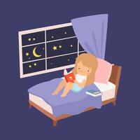 Cute Little Girl Sitting in the Bed in Front of the Window and Reading a Book at Night Illustration vector