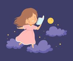 Cute Smiling Little Girl Walking on Clouds at Night Sky With an Open Book Illustration vector