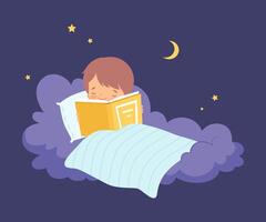Cute Little Boy Lying on a Cloud under the Blanket and Reading a Book Illustration vector