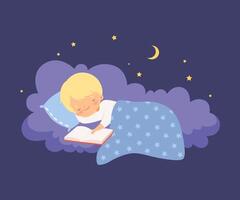 Cute Little Boy Sleeping on a Cloud under the Blanket with Open Book Illustration vector