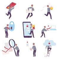 Cyber Crimes Collection, Hackers Stealing Information, Money, Private Data from Computers, Smartphones, Cyber Attack, Virus Infection Illustration vector