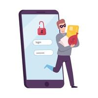 Hacker Stealing Credit Card from Smartphone, Masked Thief Hacked Login and Password, Cyber Internet Security, Internet Phishing Attack Illustration vector