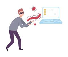 Masked Hacker Stealing Privacy Data from Laptop Using Virus and Bugs, Cyber Crime, Hacking and Phishing Illustration vector