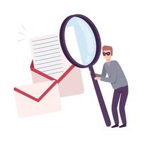 Hacker with Magnifying Glass Stealing Personal Information, Cyber Internet Security, Computer Attack Illustration vector