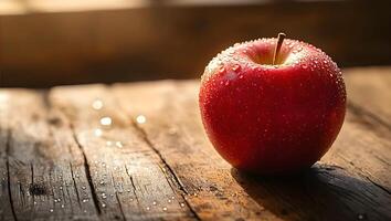 A fresh red apple glistening with tiny water droplets photo