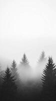Misty mountain forest landscape with fog enveloping towering trees photo