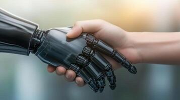 Collaboration between human and robot hand signifies the future of technology photo