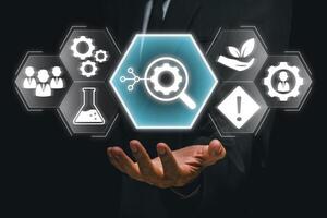 Visual representation of root cause analysis with digital icons, highlighting problem-solving and analytical processes in business. photo