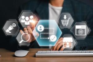 Visual representation of a digital customer journey with icons for marketing, shopping, and engagement in a modern business setting. photo