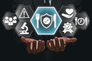 Visual representation of food safety with icons highlighting hygiene, quality control, and safe eating practices. photo