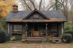 Rustic Autumn Cottage Nestled Amongst Autumn Trees photo