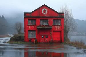 Red Building Reflecting in Rainy Waterfront photo