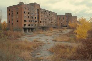 Derelict brick buildings stand overgrown with autumn vegetation photo