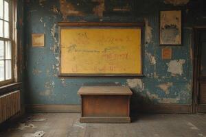 Abandoned Classroom With Damaged Walls And A Small Wooden Box photo