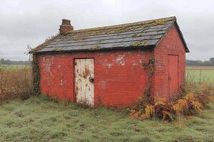 Rustic Red Brick Shed in a Field Setting photo