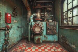 Rusty Industrial Machinery in a Room with Teal Tiles photo