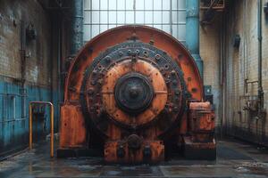 Rusty Industrial Machine In Abandoned Factory Building photo