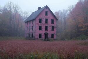 A Pink Abandoned House Stands in a Foggy Field photo