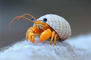 Orange hermit crab in a spiral shell on a textured surface photo