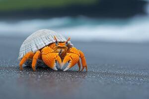 Orange Hermit Crab in Seashell on Dark Beach Sand photo