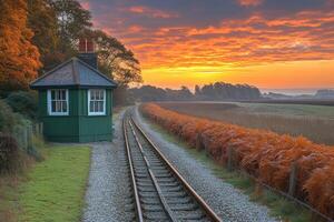 Autumn Sunrise Over Railway Line And Signal Box photo