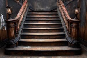 Worn Wooden Staircase with Ornate Handrails and Lanterns photo