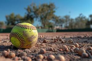 Worn Softball Resting on Sandy Field with Scattered Rocks photo