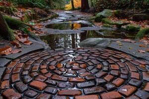 A Circular Stone Pathway in a Forest, Partially Submerged in Water photo