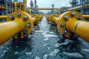 Yellow Pipelines With Flanges and Nuts in Water photo