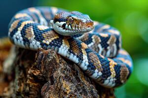A Close-Up of a Multicolored Snake Wrapped Around a Rough, Textured Branch photo