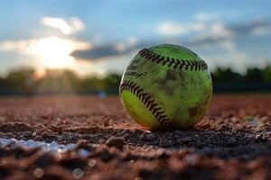 A Green Softball Resting on a Baseball Field photo