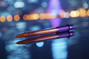 A Close-Up of a Syringe with Purple Tip on a Shiny Surface with Blurry Lights in the Background photo