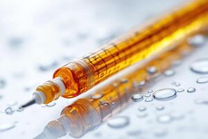 A close-up view of a syringe filled with a liquid, lying on a surface with water droplets. photo