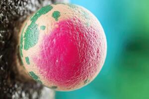 A Close-up of a Pink and Green Spherical Object with a Rough Texture photo