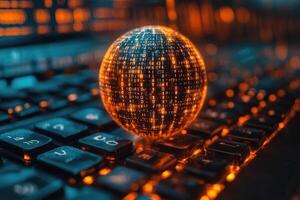 A Crystal Sphere Reflecting Binary Code on a Computer Keyboard photo