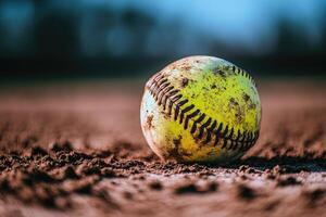 Worn Yellow Softball Resting on Brown Ground photo
