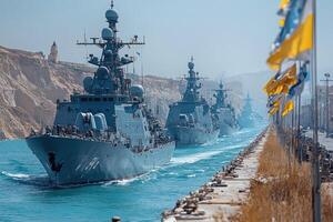 A Line of Grey Naval Ships Navigating a Channel photo