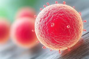 A Close-Up View of a Red Virus with Spikes Resting on a Wooden Surface photo