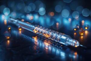 A Close-up of a Transparent Syringe with an Orange Glow Inside, on a Dark Blue Background with Bokeh Lights photo