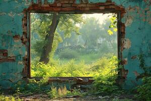 A Broken Window in an Abandoned Building Overlooking a Lush Forest photo