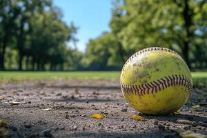 Worn Yellow Softball on a Field with Blurred Trees in the Background photo